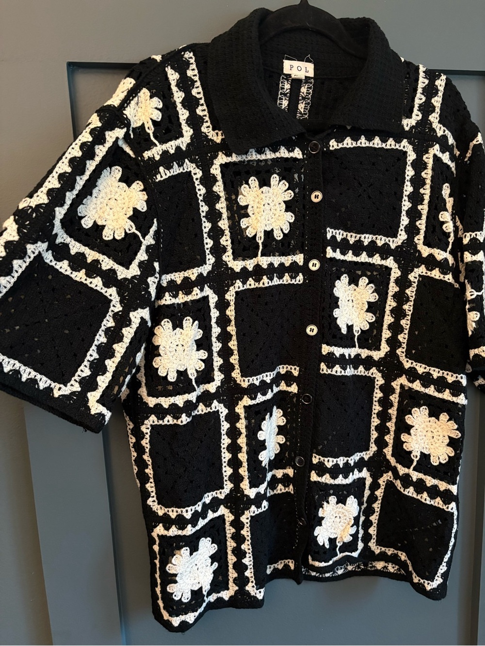 Crochet Button Down Shirt Men’s Large Pol One Black & White Granny Squares